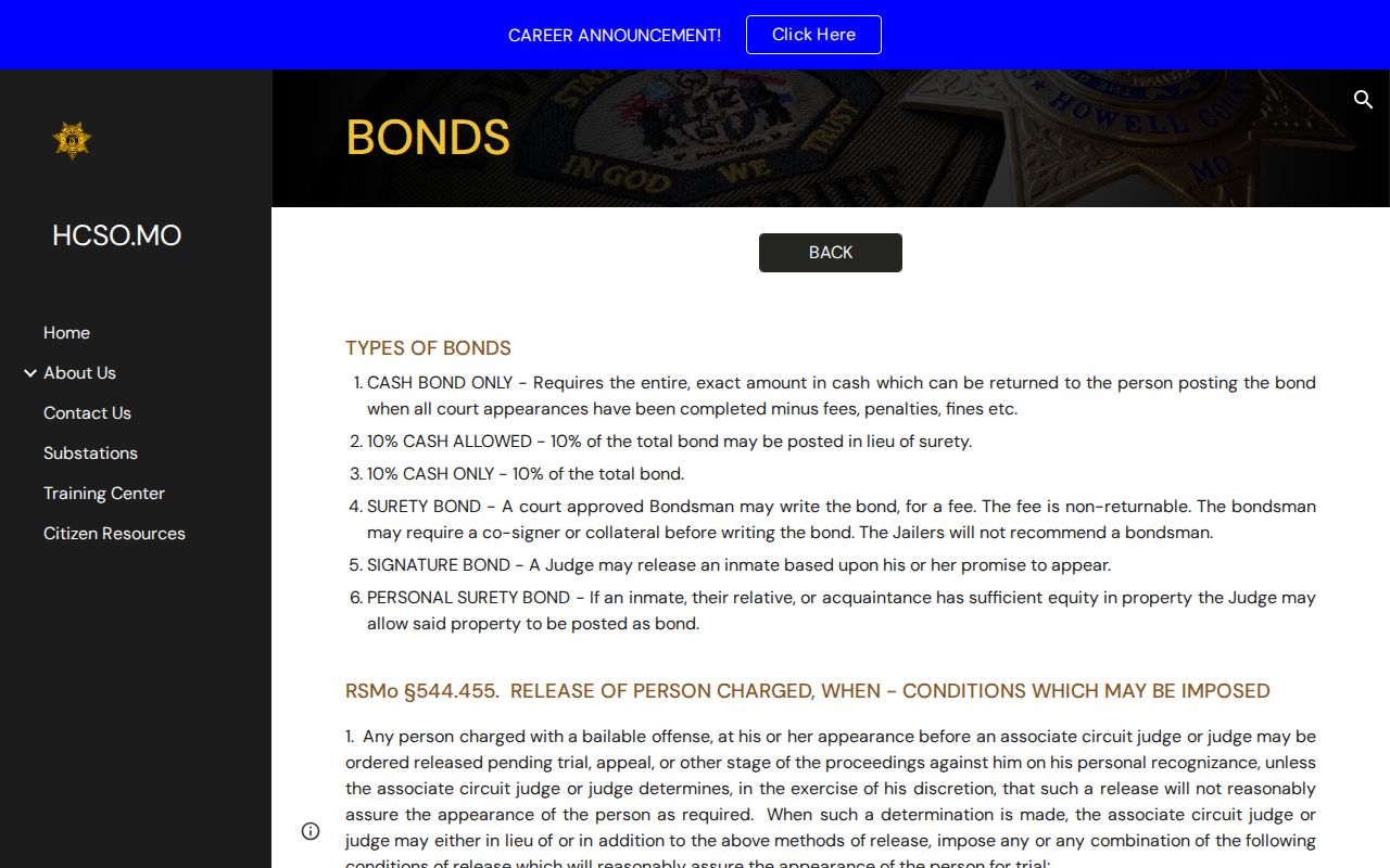 Howell County Adult Detention Center bond information page