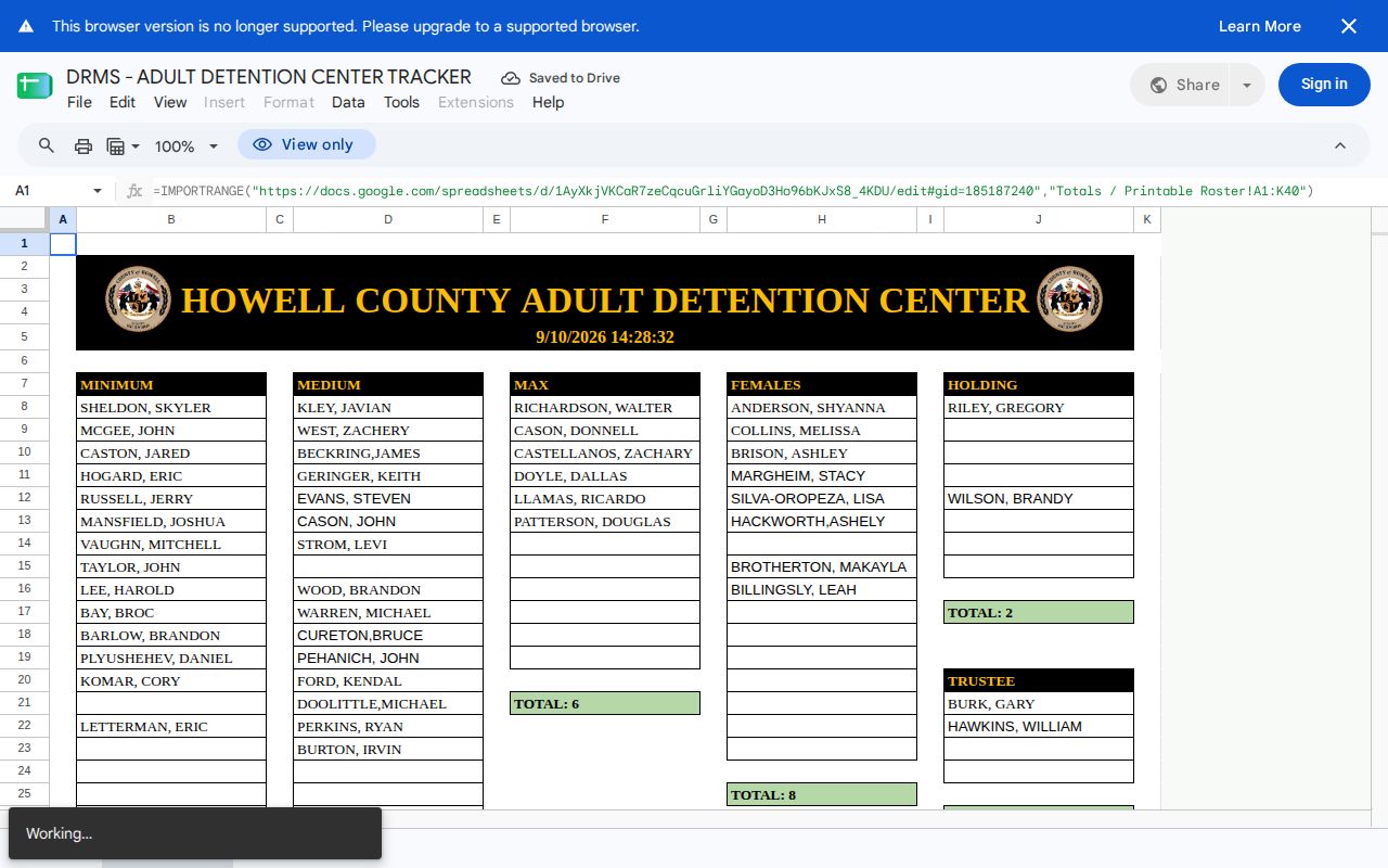 Howell County live current-custody roster sheet interface