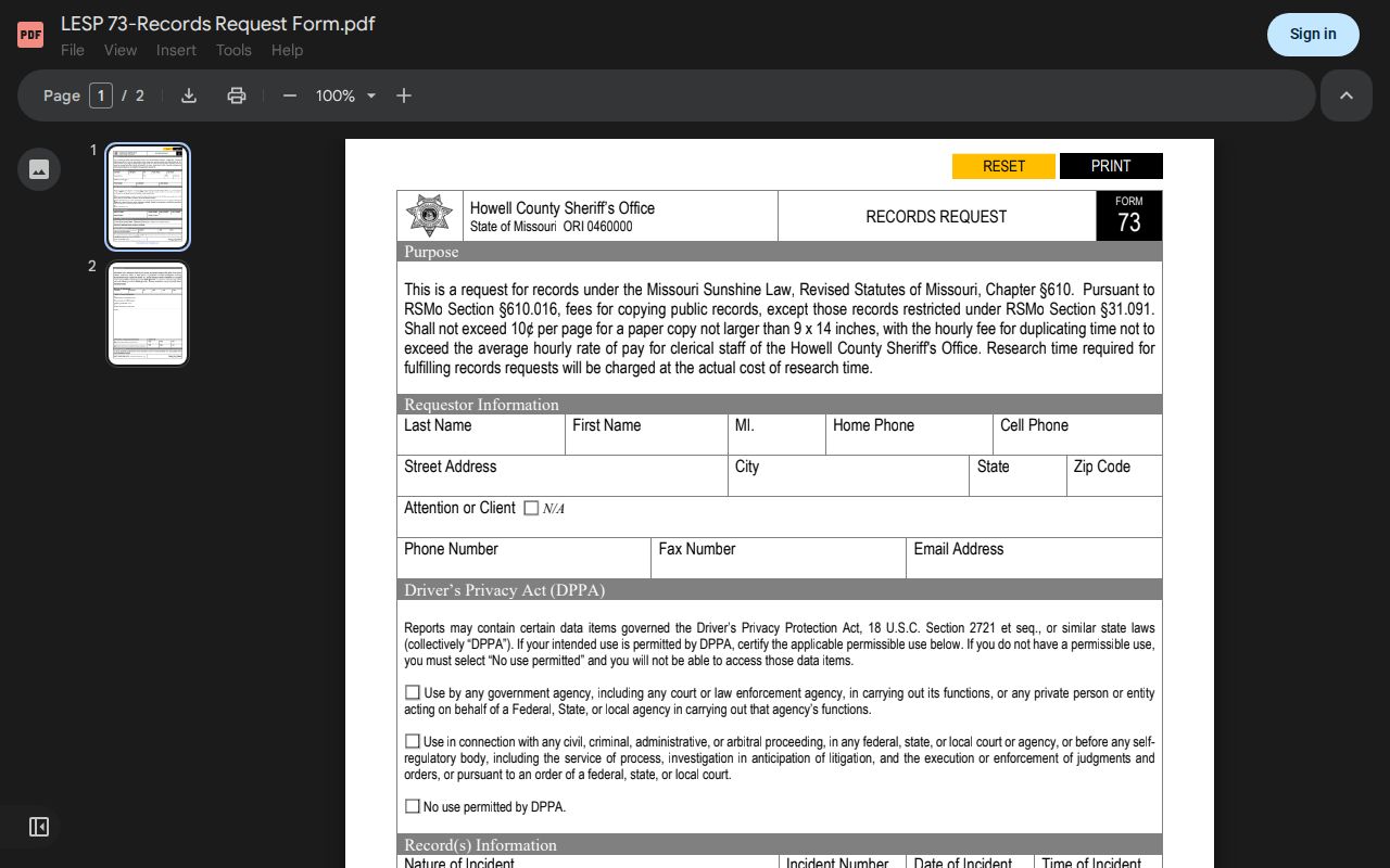 Howell County Sheriff's Office records request form route