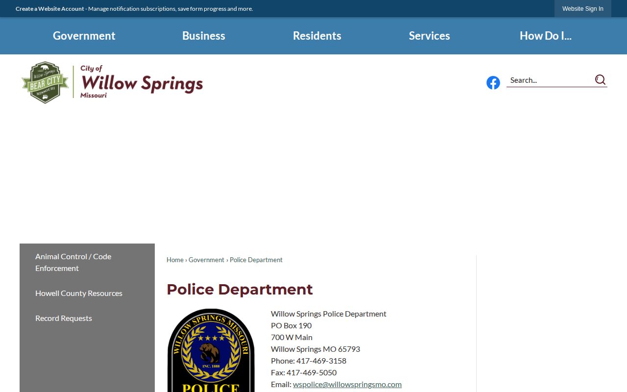 Official Willow Springs Police Department page