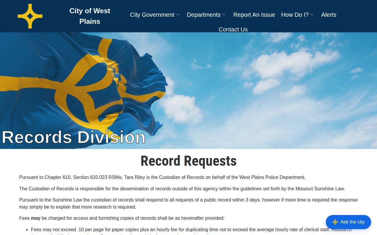 West Plains Police Department official records division page