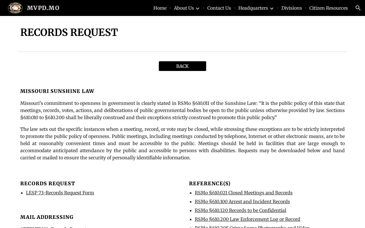 Mountain View Police Department official records request page