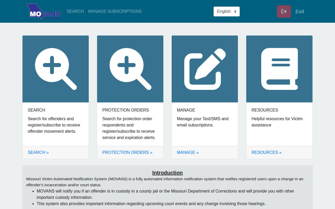 Missouri MOVANS search and alert registration interface