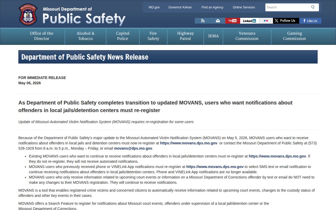 Missouri DPS notice describing current MOVANS notification changes