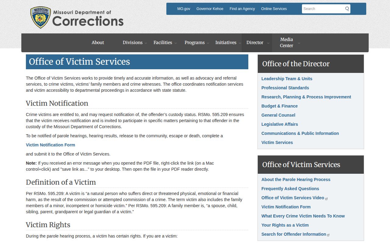 Missouri Department of Corrections victim notification page